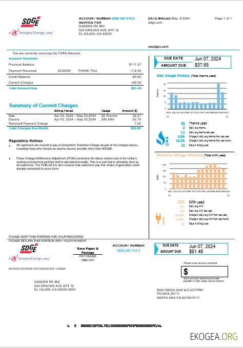 Modèle de facture de services publics d'entreprise USA California San Diego Gas & Electric (SDG&E) aux formats Word et PDF